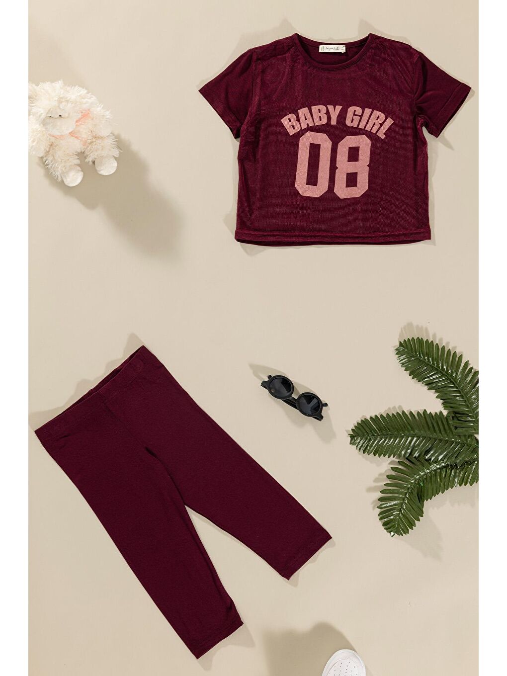 For You Kids Bordo 3'lü Baby Girl Baskılı Tshirt Atlet Tayt Bordo Takım - 5