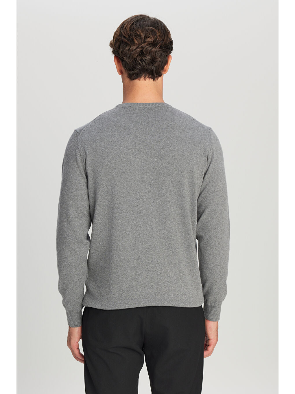 Erkek Gri Melanj Pamuklu Standart Fit Normal Kesim Bisiklet Yaka Triko Kazak-4