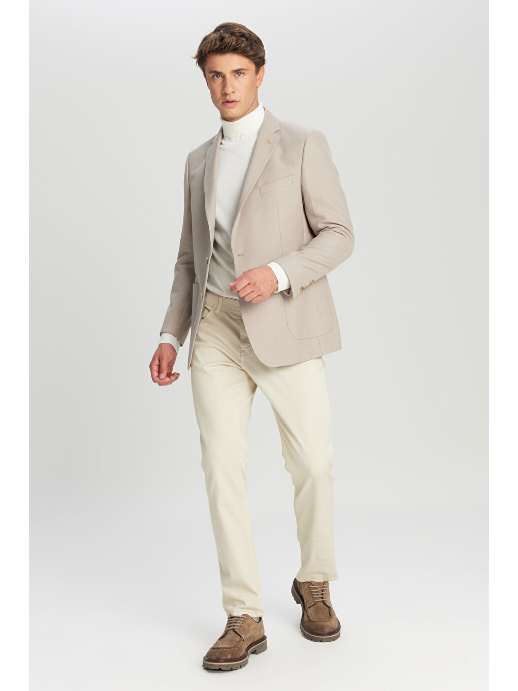 Erkek Bej Slim Fit Dar Kesim Mono Yaka Torba Cepli Blazer Ceket-1
