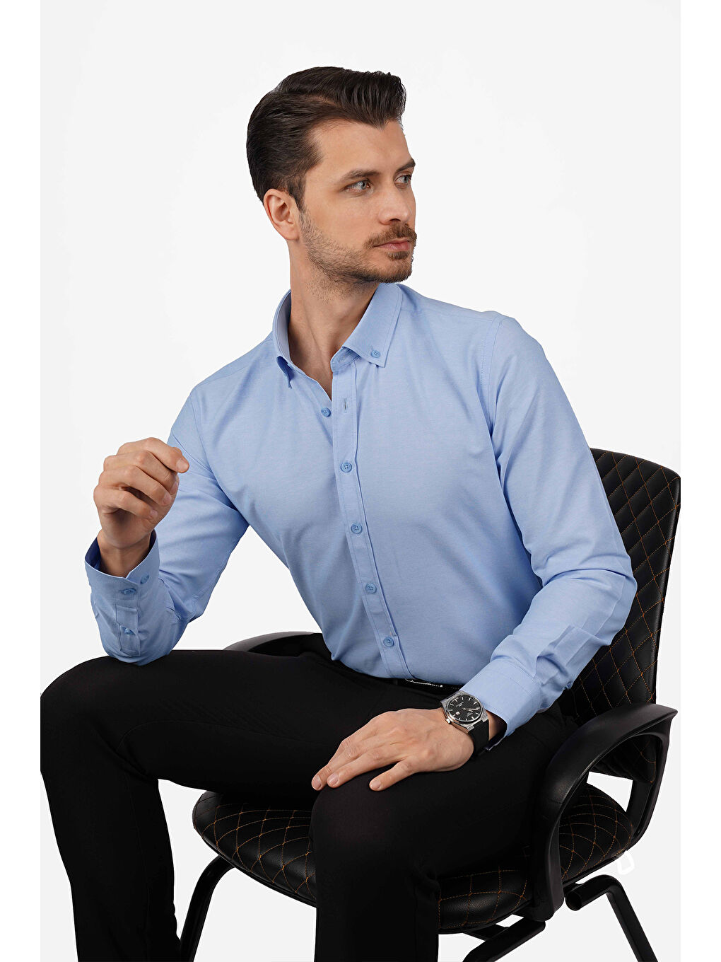 Koyu Mavi Yaka Düğmeli Premium Şamre Slimfit Erkek Gömlek-5