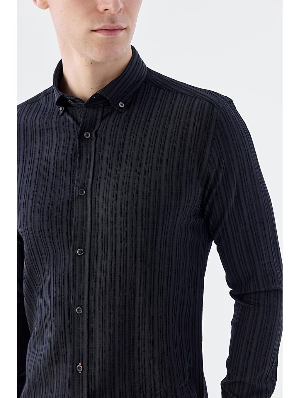 Siyah Slim Fit Düğmeli Yaka Keten Karışımlı Desenli Gömlek-2