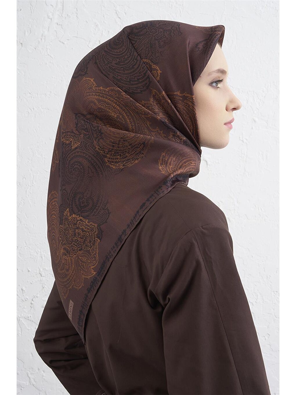 Kahverengi Klasik Desenli Saf İpek Twill Eşarp 9428D 80-2