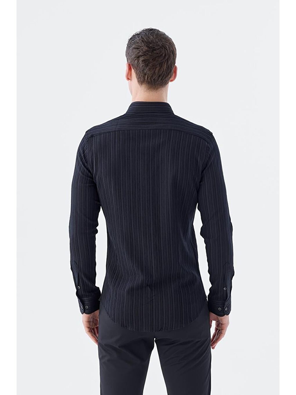 Siyah Slim Fit Düğmeli Yaka Keten Karışımlı Desenli Gömlek-3