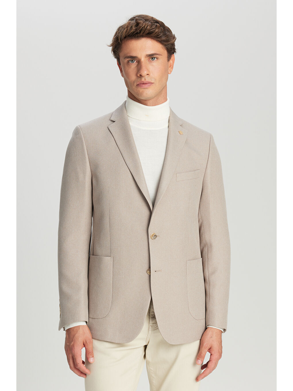Erkek Bej Slim Fit Dar Kesim Mono Yaka Torba Cepli Blazer Ceket-2