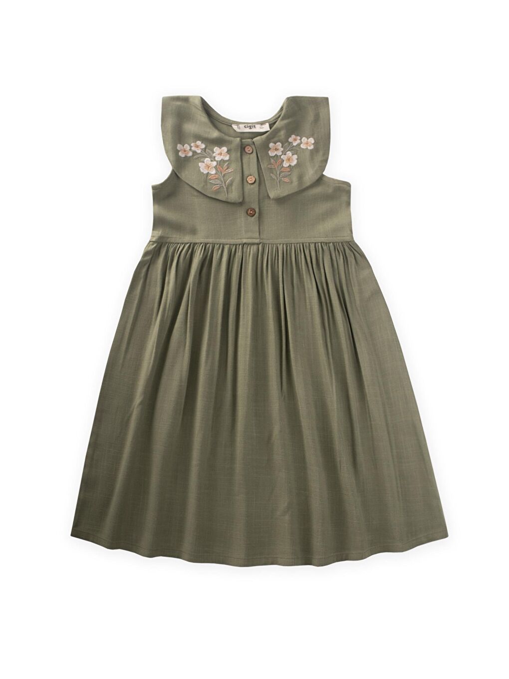 Haki Kız Çocuk Nakışlı Keten Elbise