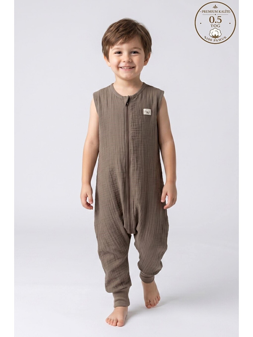 Kahverengi Müslin Erkek Çocuk Uyku Tulumu 2 Katlı 0.5 Tog  - %100 Pamuk Nefes Alabilen Kumaş 3-11 Yaş