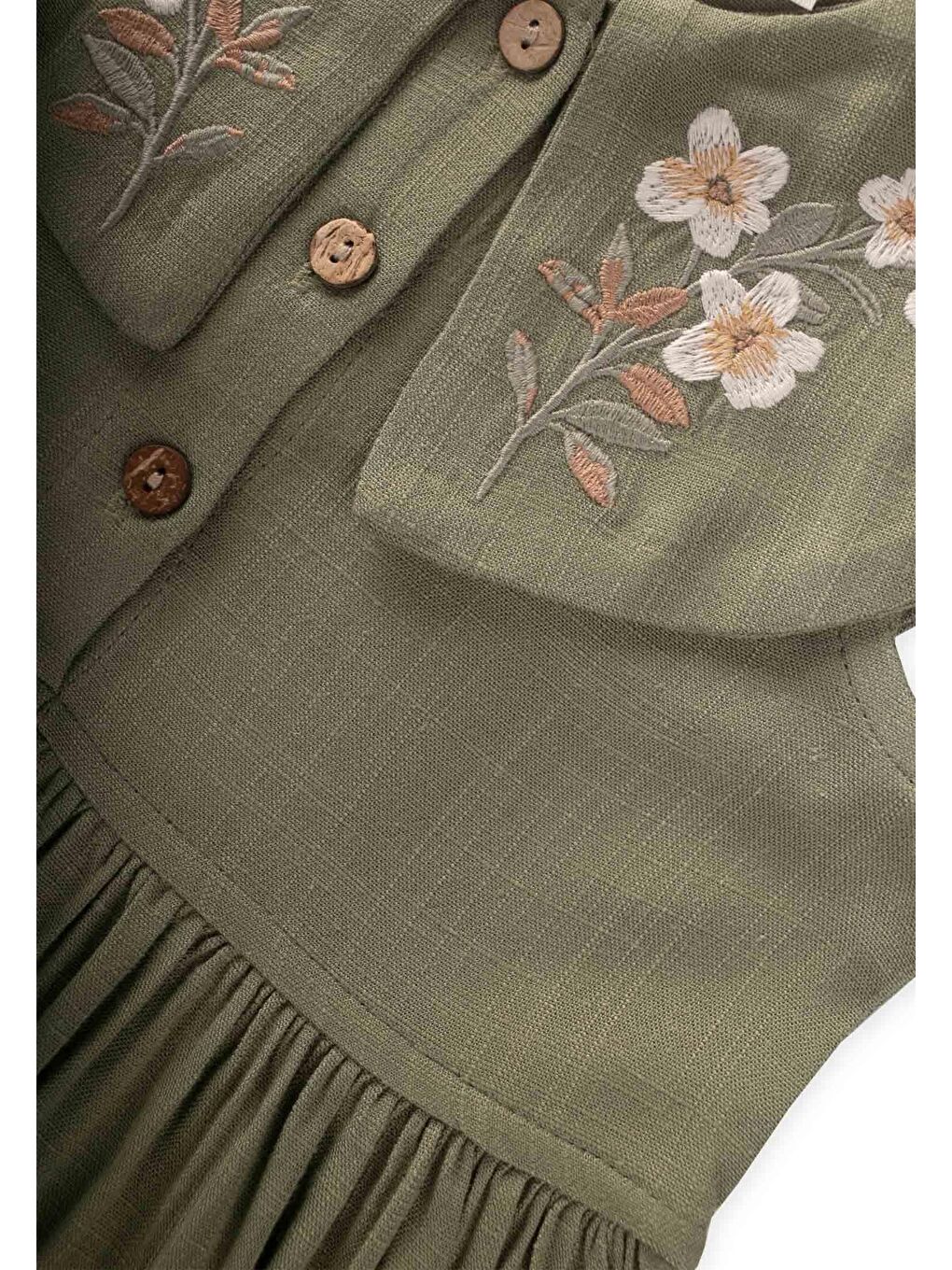 Haki Kız Çocuk Nakışlı Keten Elbise-2
