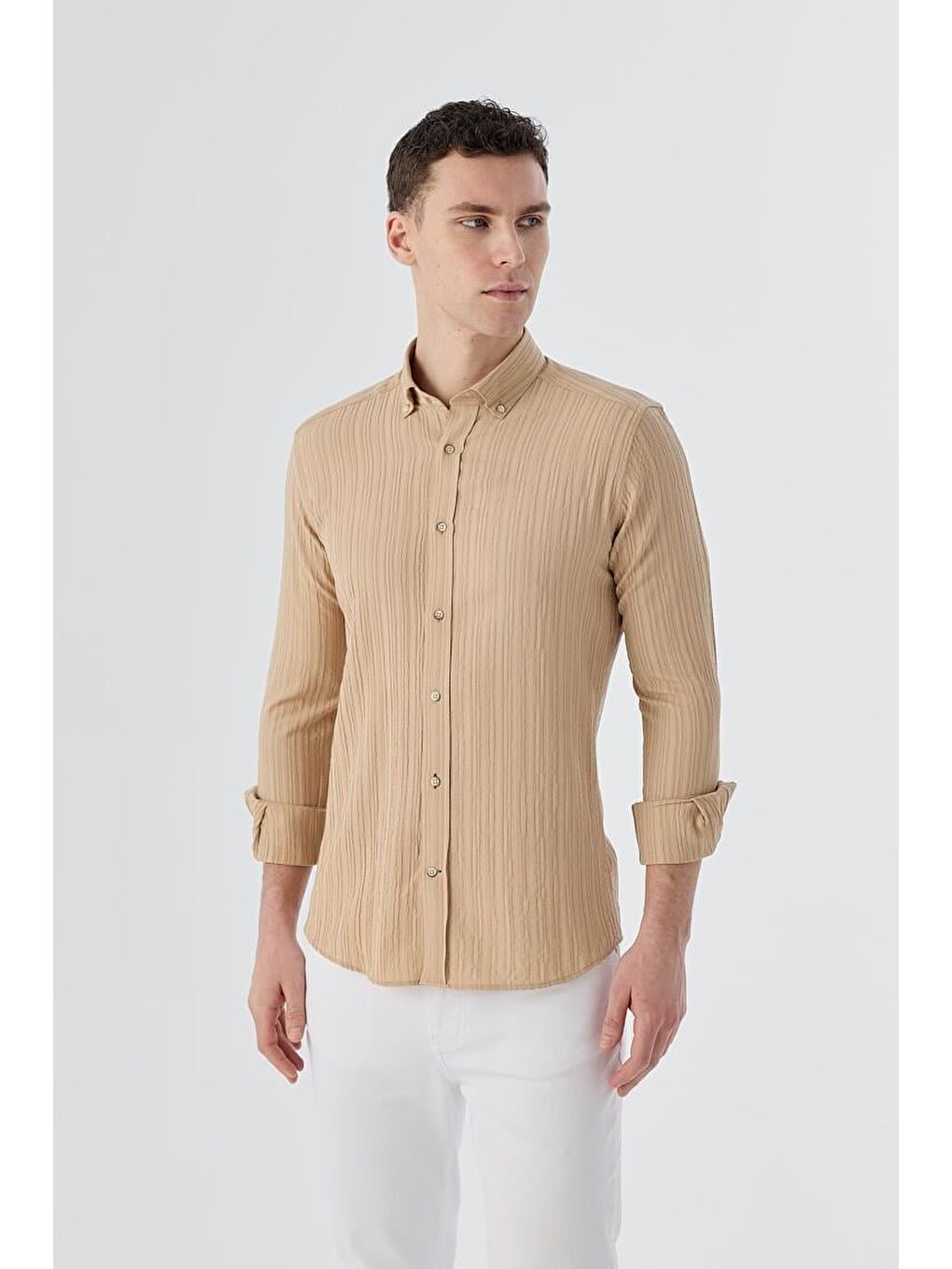 Bej Slim Fit Düğmeli Yaka Keten Karışımlı Desenli Gömlek