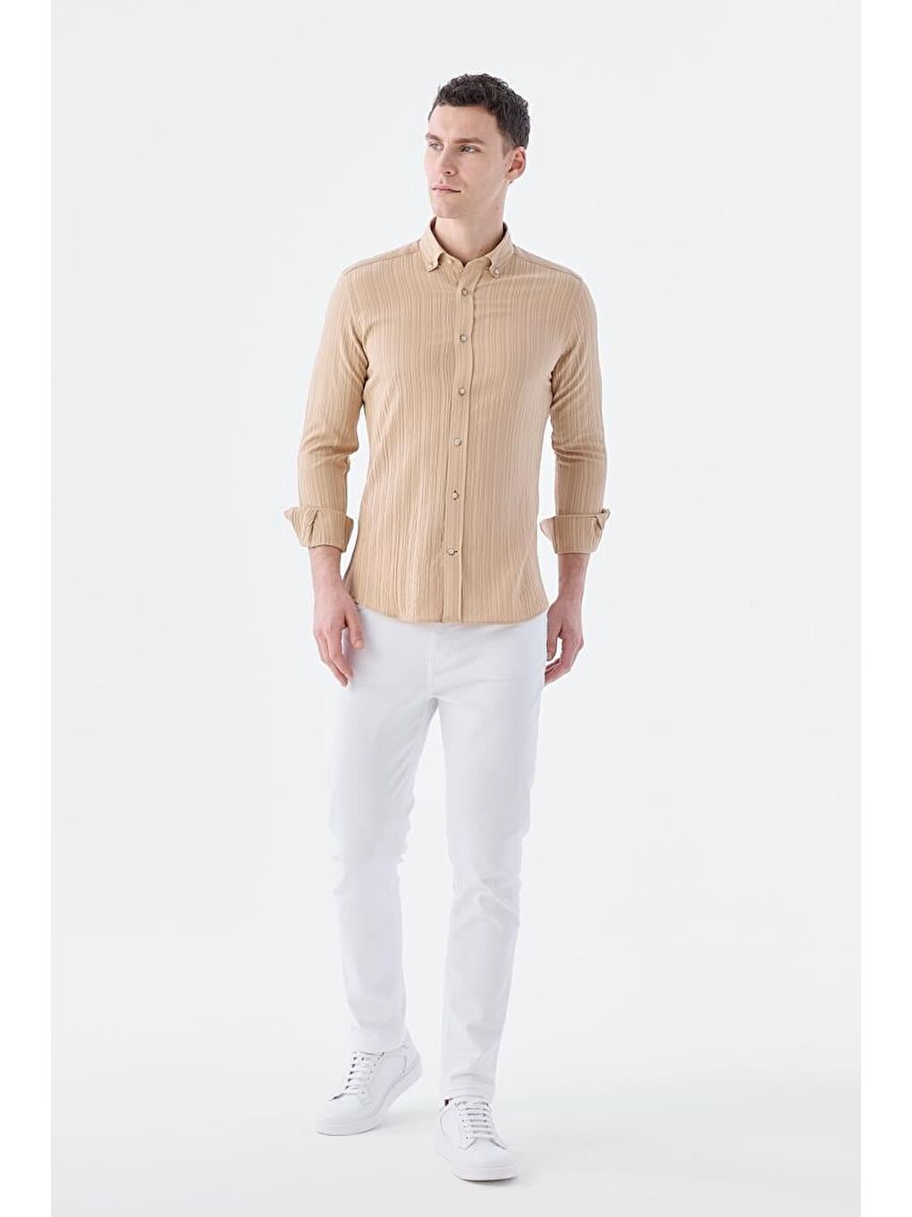 Bej Slim Fit Düğmeli Yaka Keten Karışımlı Desenli Gömlek-1