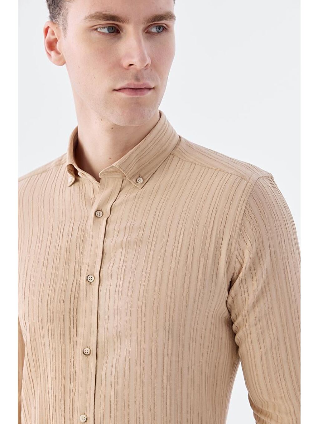 Bej Slim Fit Düğmeli Yaka Keten Karışımlı Desenli Gömlek-2