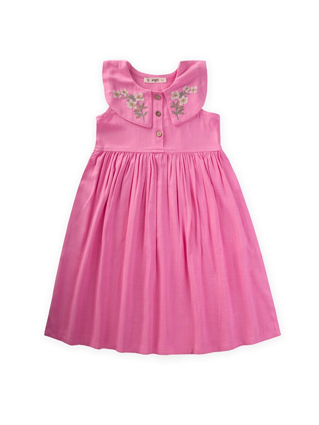 Pembe Kız Çocuk Nakışlı Keten Elbise