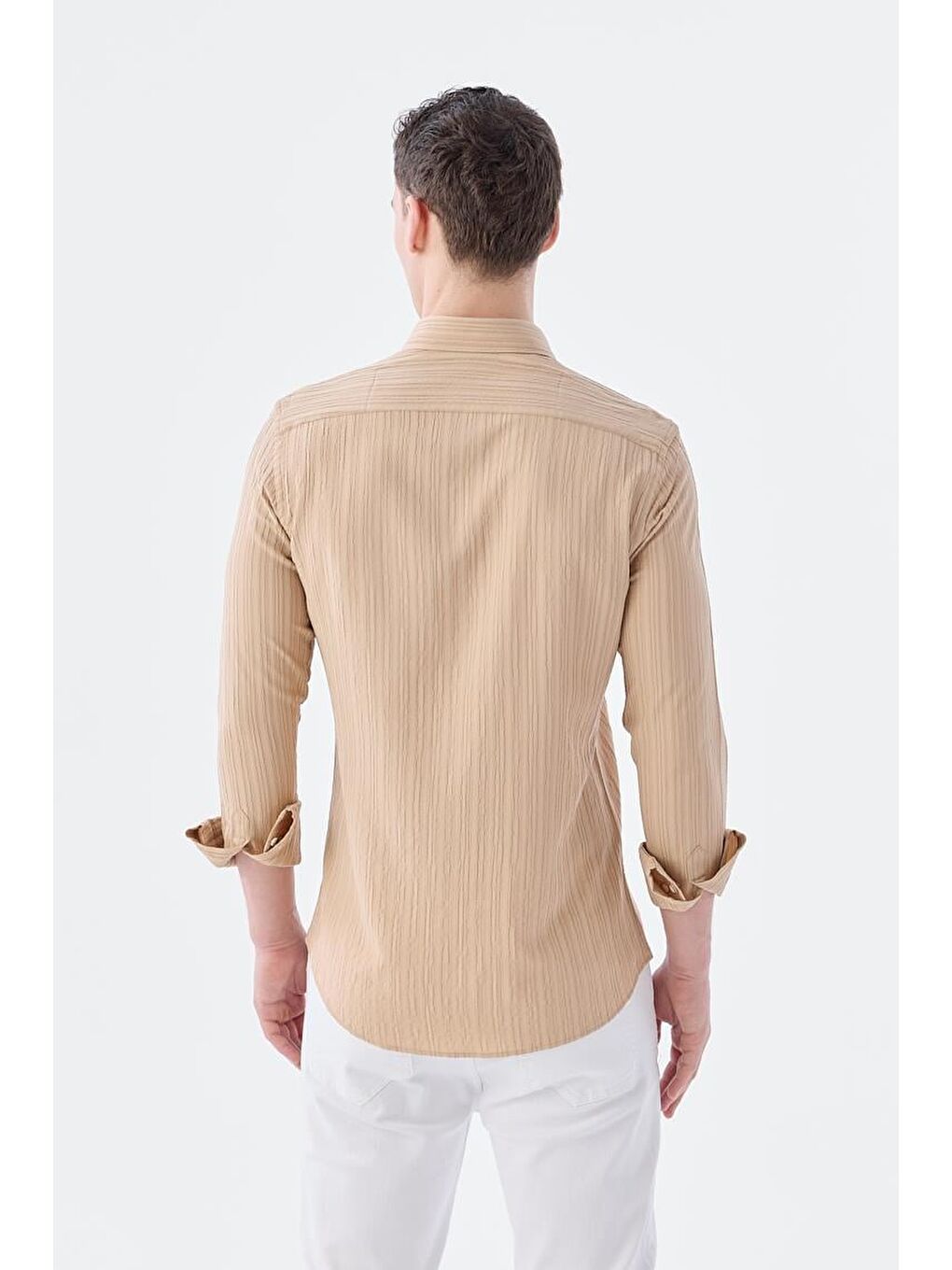 Bej Slim Fit Düğmeli Yaka Keten Karışımlı Desenli Gömlek-3