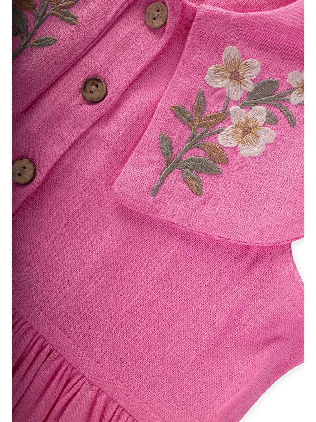 Pembe Kız Çocuk Nakışlı Keten Elbise-2