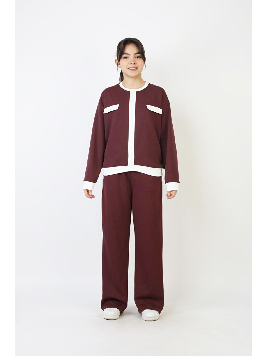 Mürdüm Kız Çocuk Garni Detaylı ve Geniş Paçalı Alt-Üst Takım 12502-2