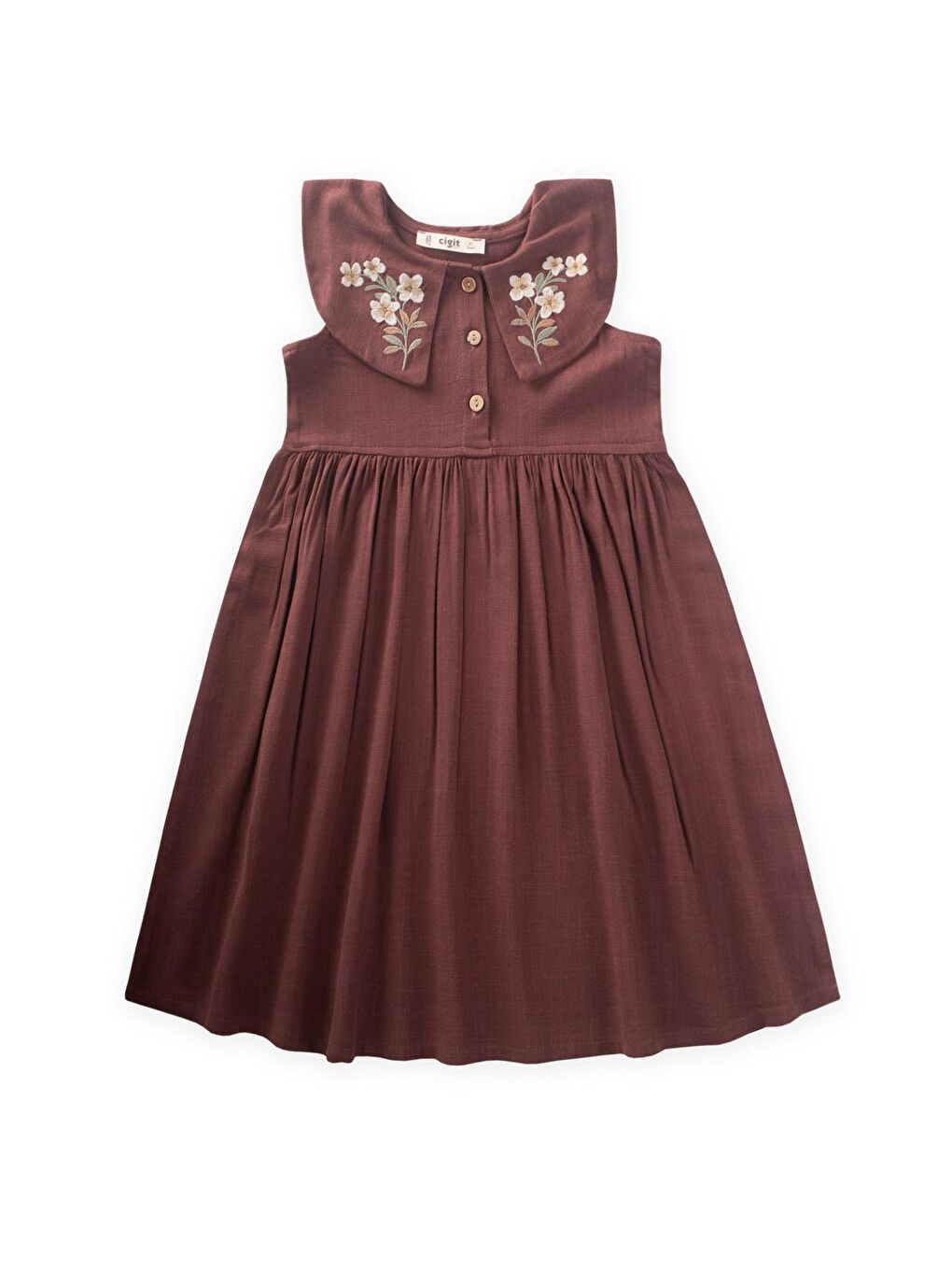 Mürdüm Kız Çocuk Nakışlı Keten Elbise
