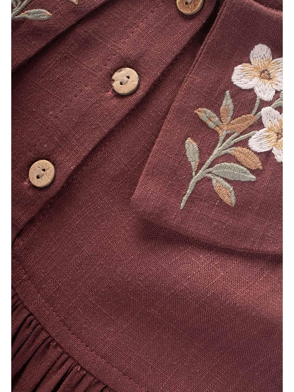 Mürdüm Kız Çocuk Nakışlı Keten Elbise-2