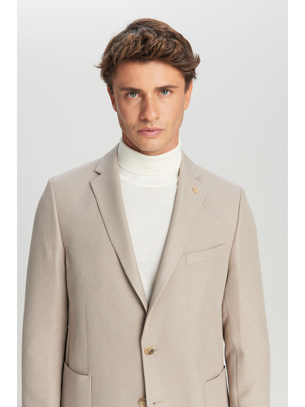 Erkek Bej Slim Fit Dar Kesim Mono Yaka Torba Cepli Blazer Ceket-3