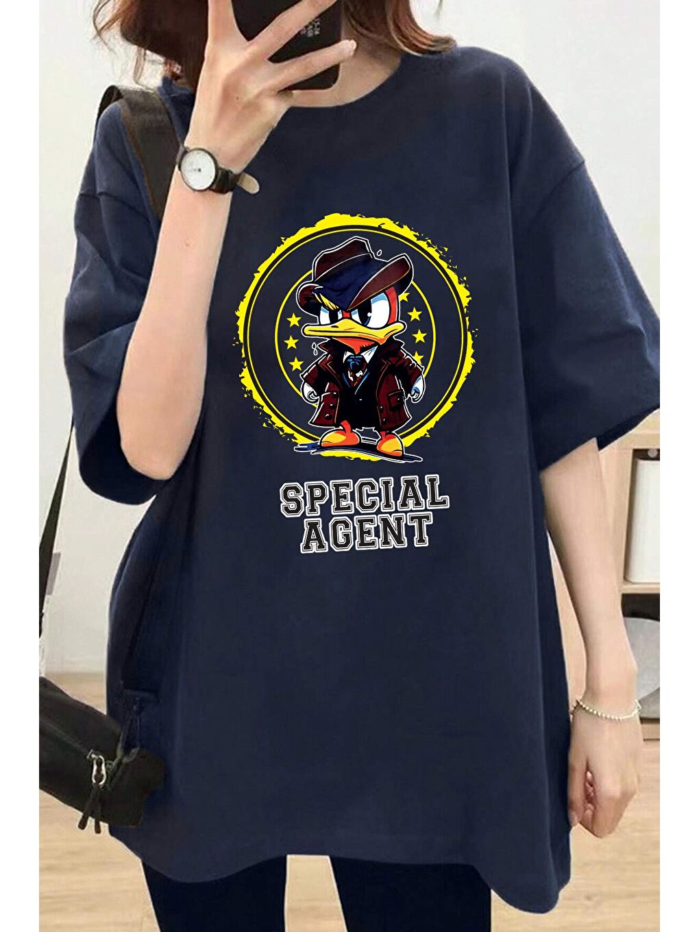 uyguntarz Açık Lacivert Unisex Special Agent Baskılı Oversize Tshirt