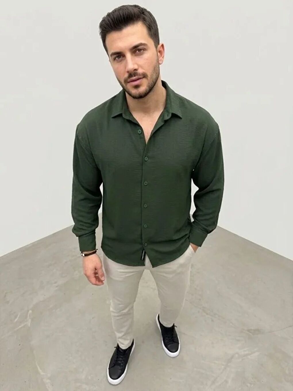 Erkek Aerobin Kumaş Oversize 4 Mevsim Uzun Kollu Rahat Kalıp Gömlek - Haki-1