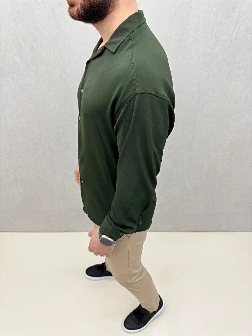 Erkek Aerobin Kumaş Oversize 4 Mevsim Uzun Kollu Rahat Kalıp Gömlek - Haki-2
