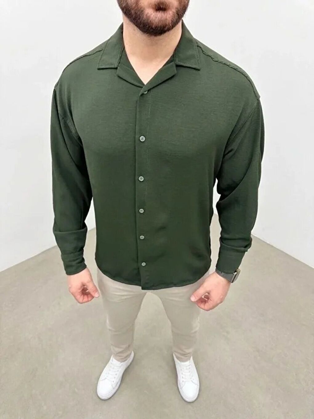 Erkek Aerobin Kumaş Oversize 4 Mevsim Uzun Kollu Rahat Kalıp Gömlek - Haki-3
