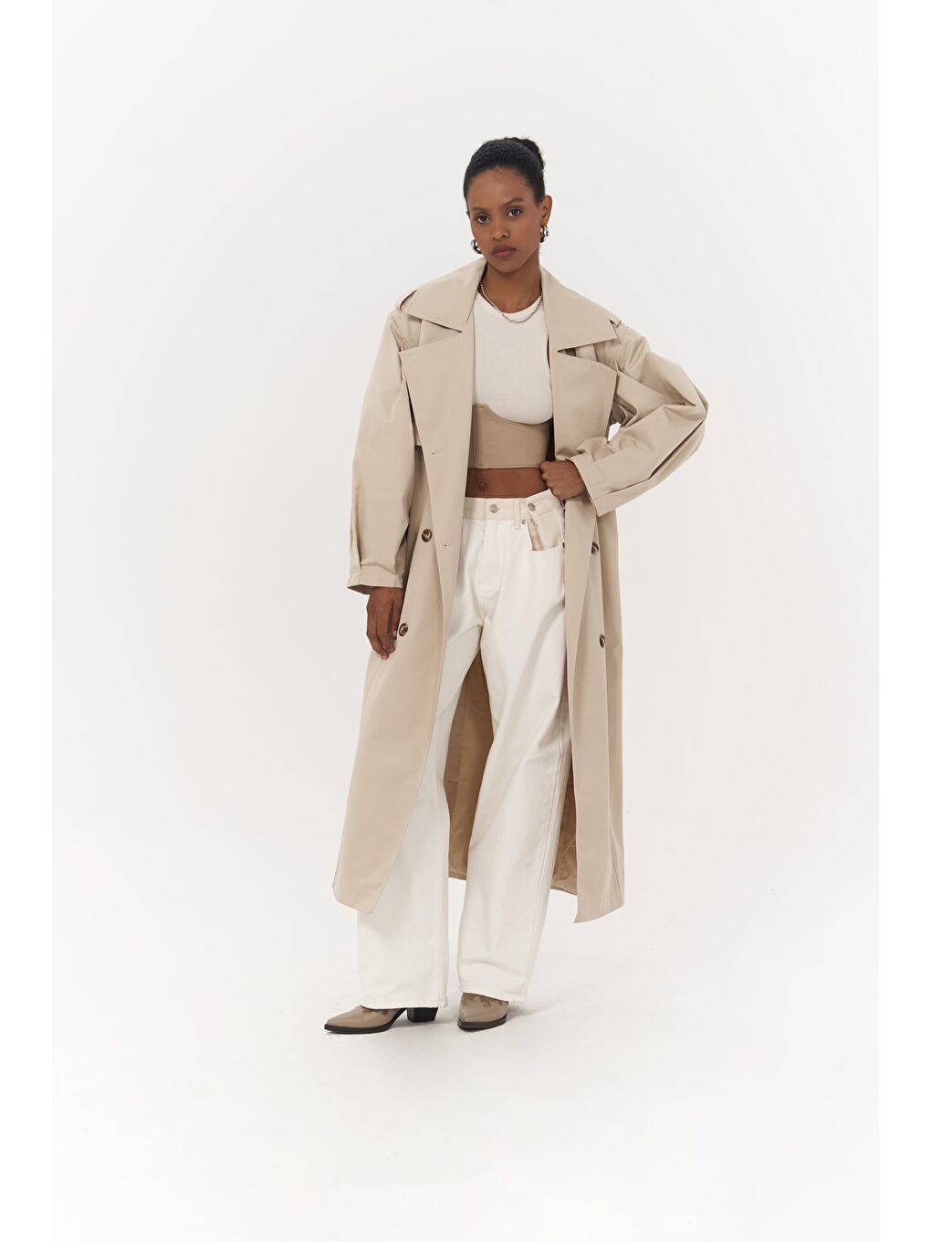 Aubree Bej Oversize Trençkot-1