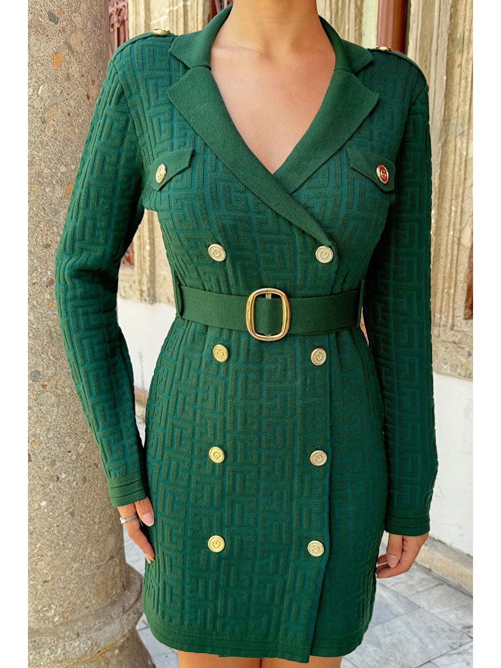 Yeşil Kemerli Düğme Detaylı Triko Elbise-2