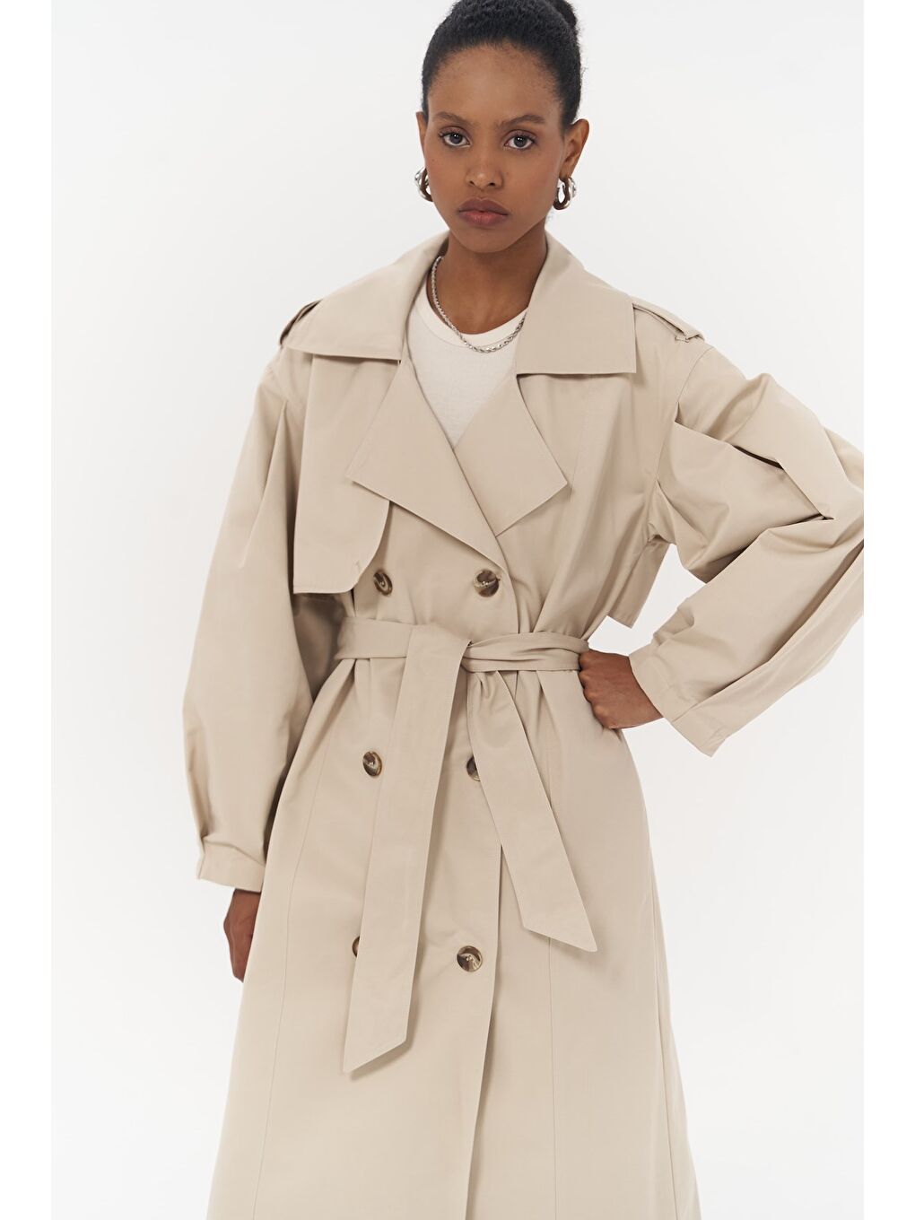 Aubree Bej Oversize Trençkot-5