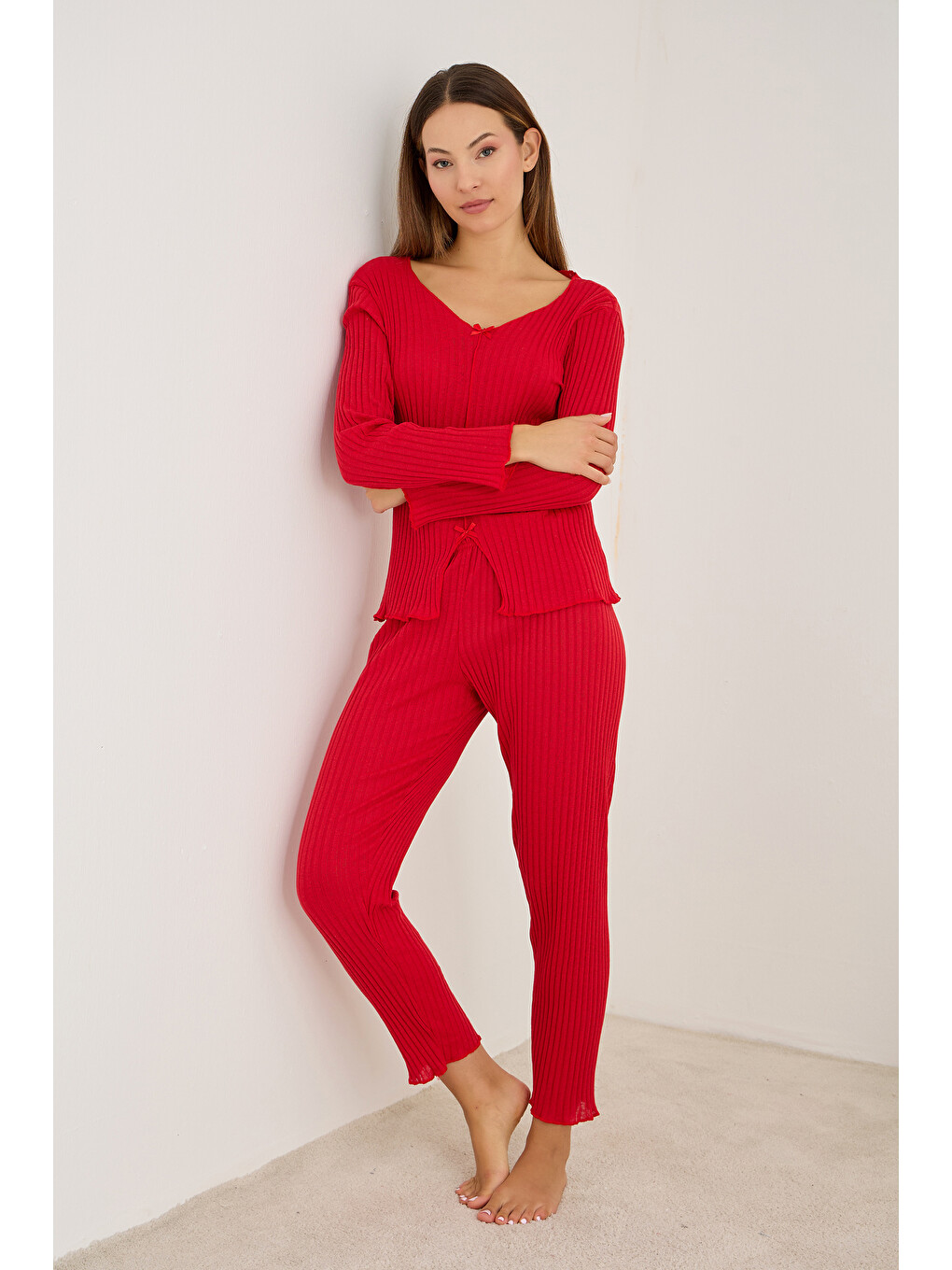 Kırmızı Fiyonklu Fitilli Kaşkorse Uzun Kollu Pijama Takım 7937-1