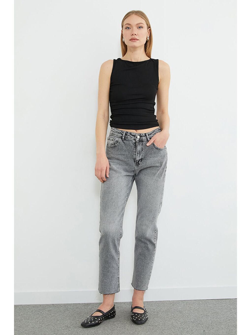 Antrasit Yüksek Bel Straight Fit Jean