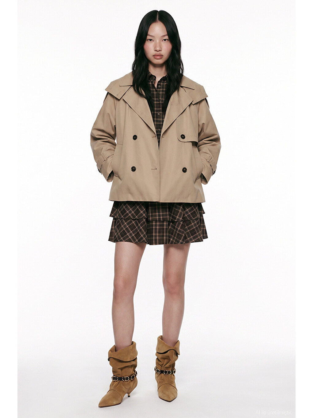 Kapüşonlu Oversize Kısa Trençkot Bej-3