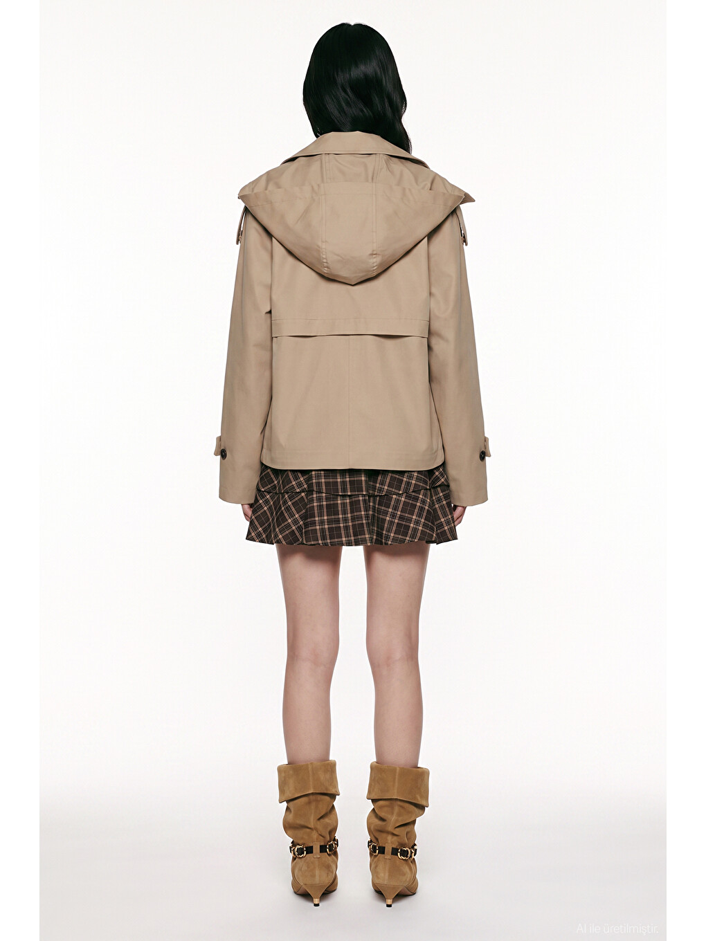 Kapüşonlu Oversize Kısa Trençkot Bej-4