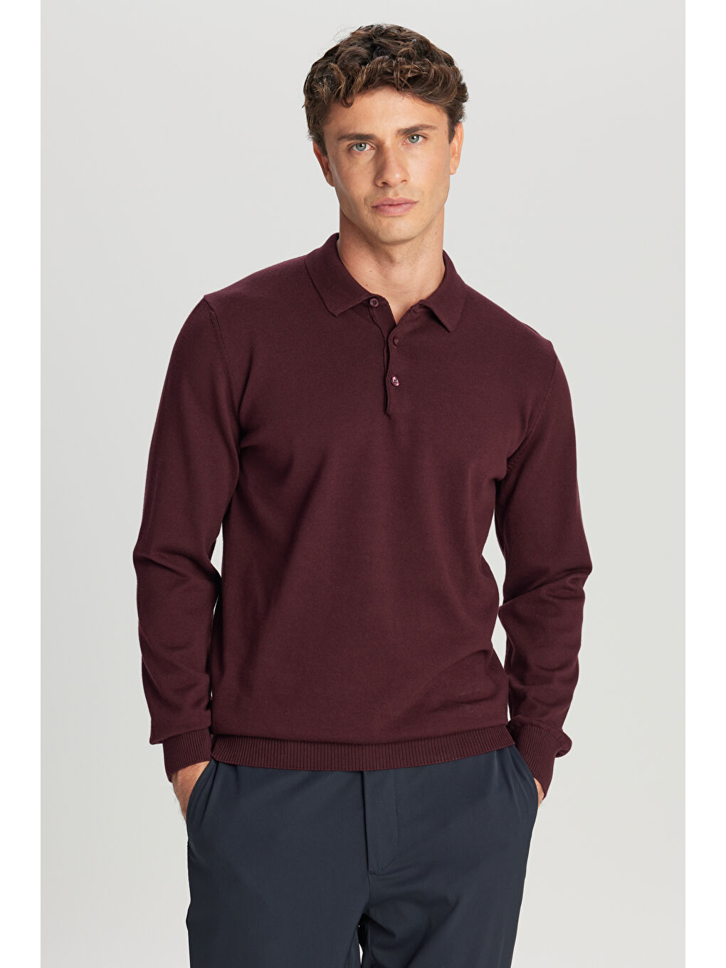 Erkek Bordo Pamuklu Standart Fit Normal Kesim Polo Yaka Triko Kazak