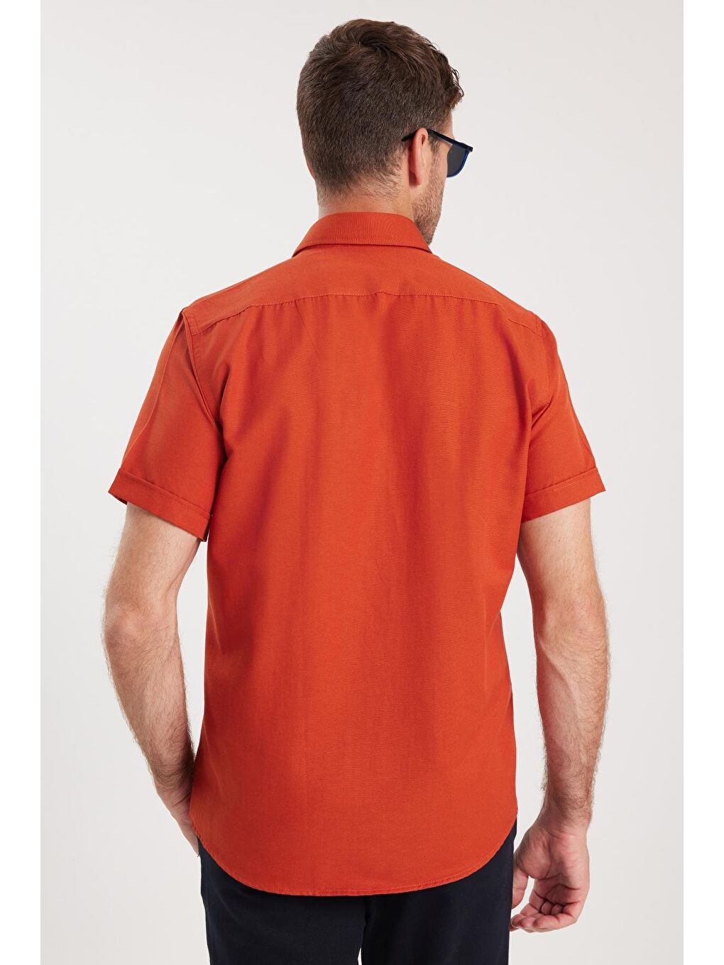Kahverengi Erkek Klasik Regular Fit Rahat Kesim Düğmeli Spor Yaka Oxford Pamuklu Kısa Kol Kiremit Gömlek-6