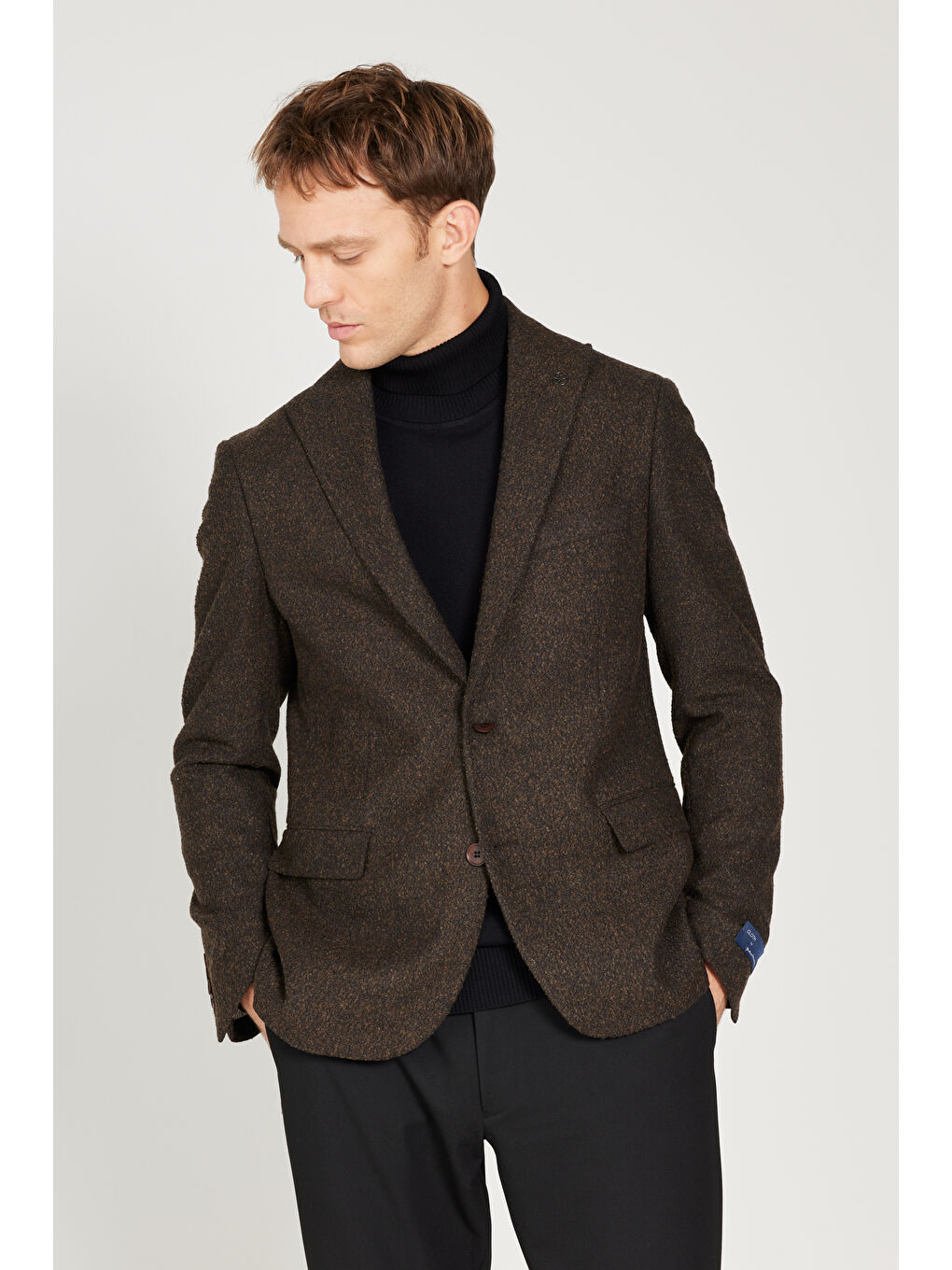 Erkek Kahverengi Slim Fit Dar Kesim Kırlangıç Yaka Desenli Yünlü Ceket-3