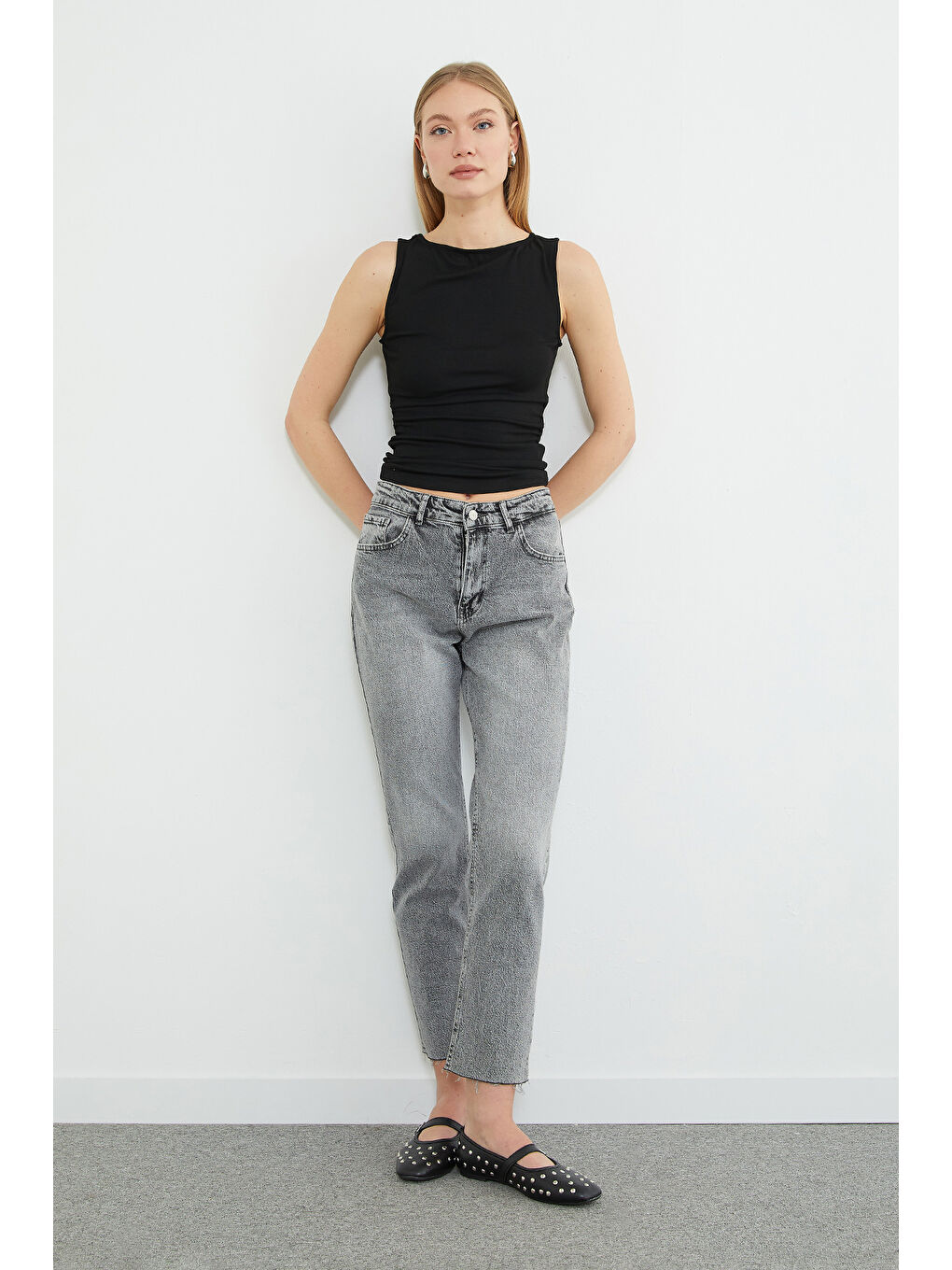 Antrasit Yüksek Bel Straight Fit Jean-2