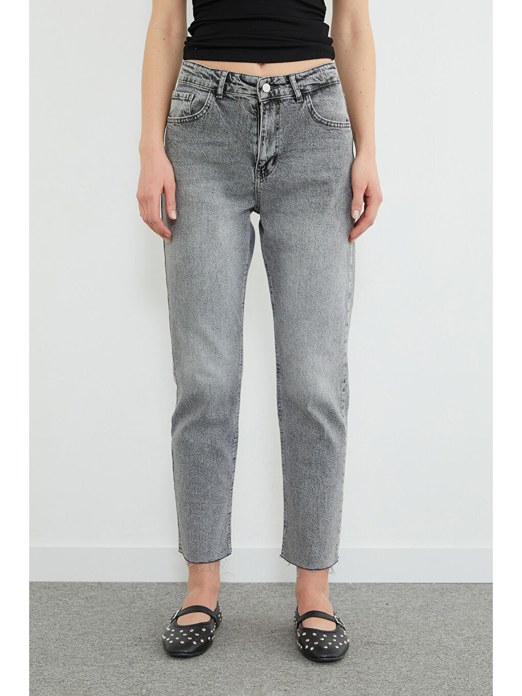 Antrasit Yüksek Bel Straight Fit Jean-3