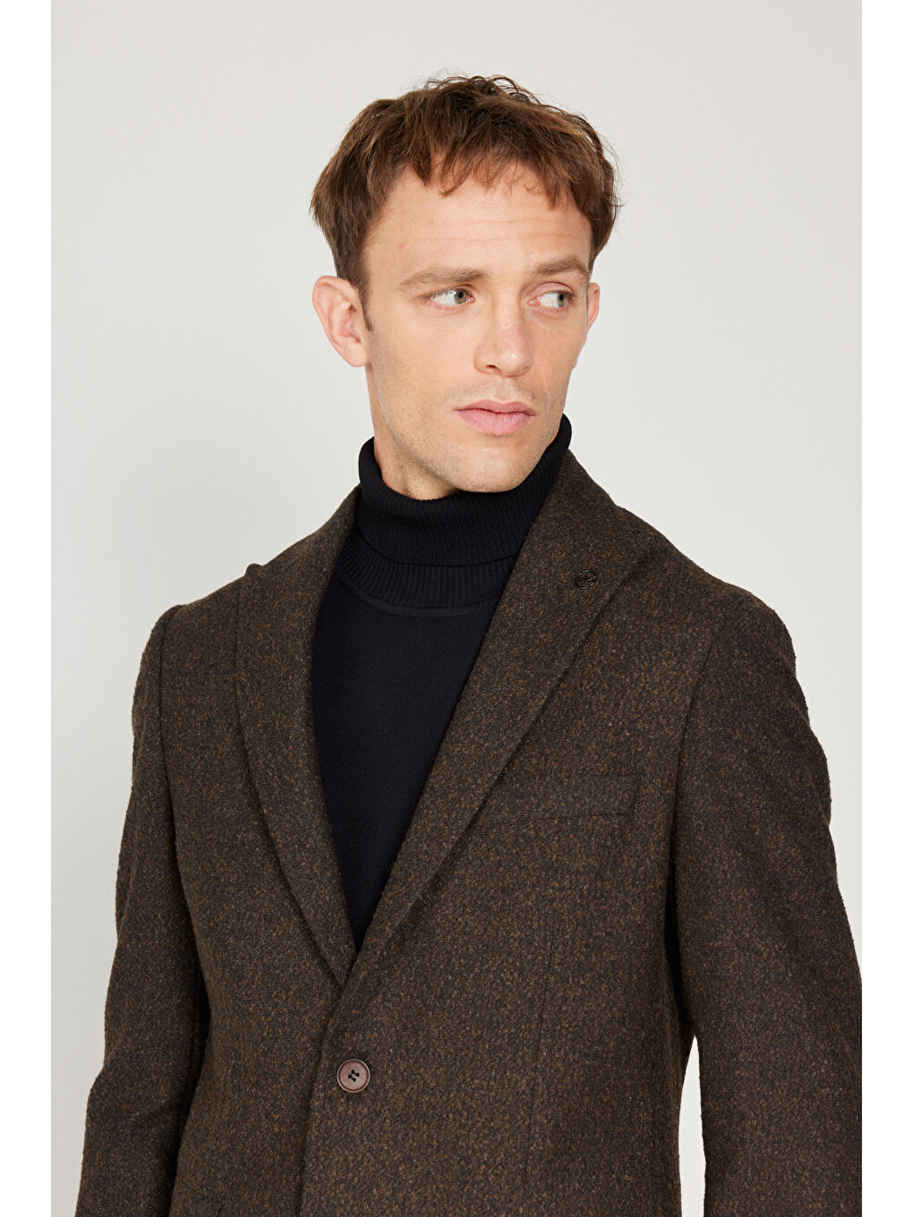 Erkek Kahverengi Slim Fit Dar Kesim Kırlangıç Yaka Desenli Yünlü Ceket-4