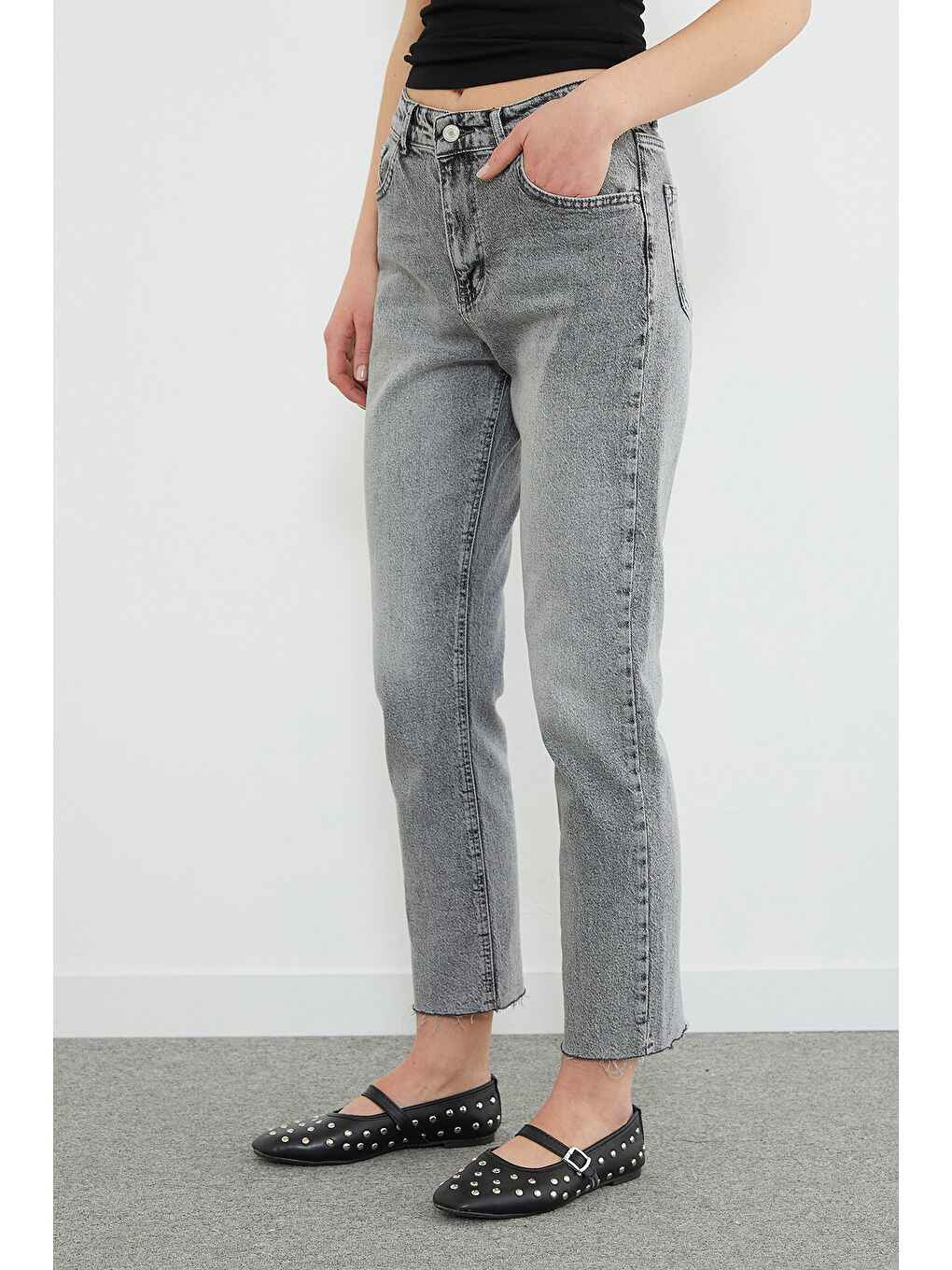 Antrasit Yüksek Bel Straight Fit Jean-4