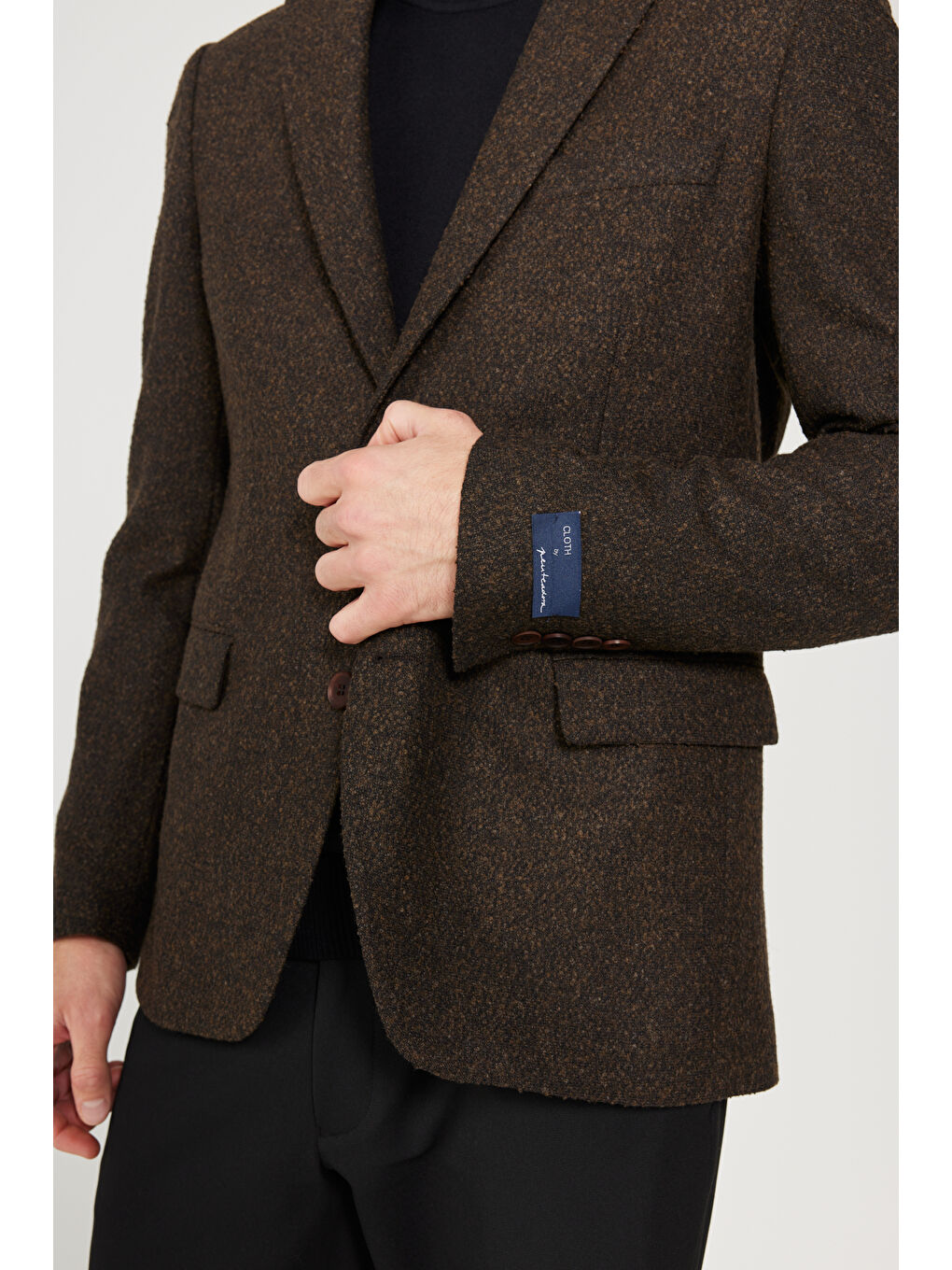 Erkek Kahverengi Slim Fit Dar Kesim Kırlangıç Yaka Desenli Yünlü Ceket-5