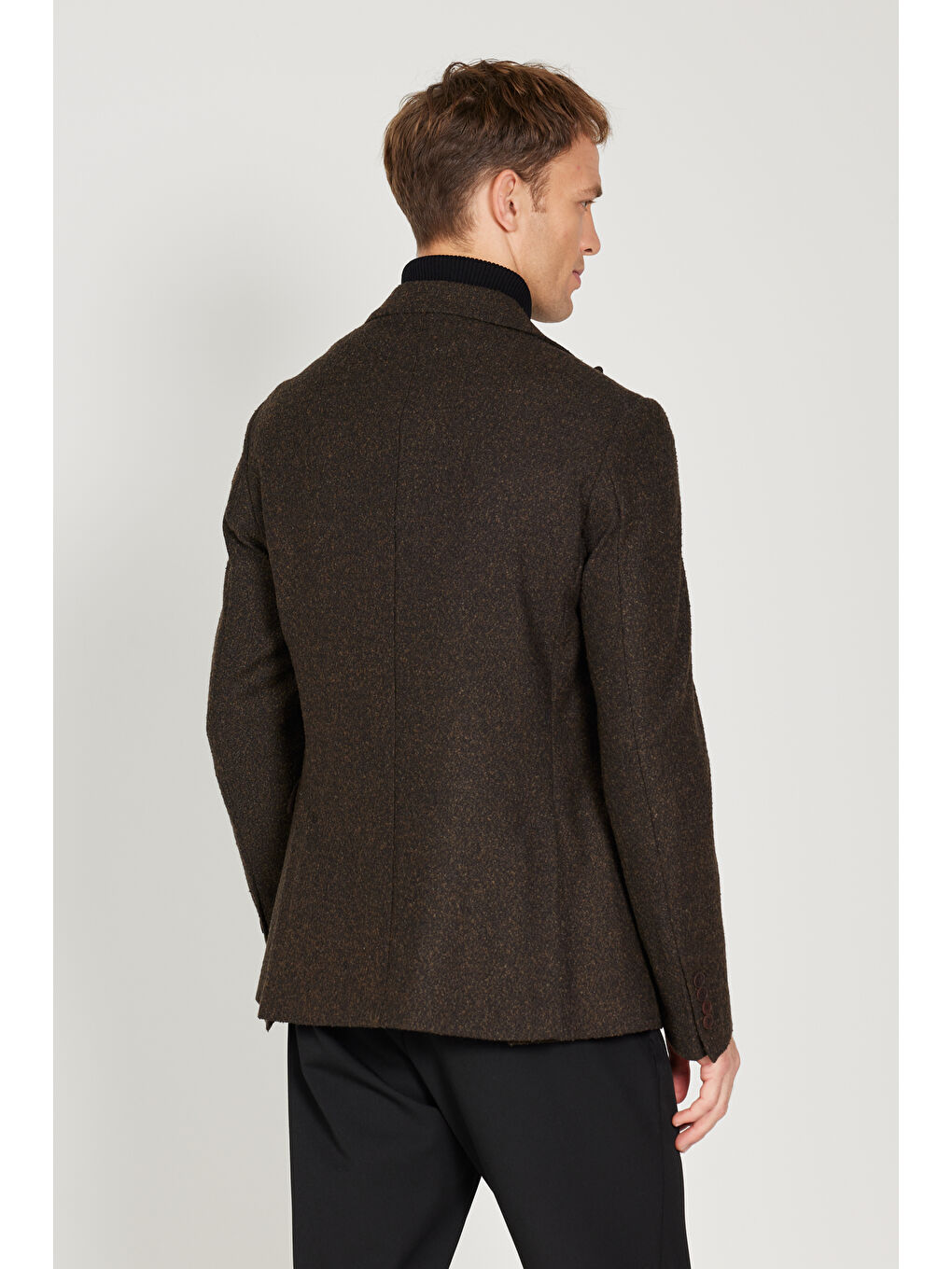 Erkek Kahverengi Slim Fit Dar Kesim Kırlangıç Yaka Desenli Yünlü Ceket-6