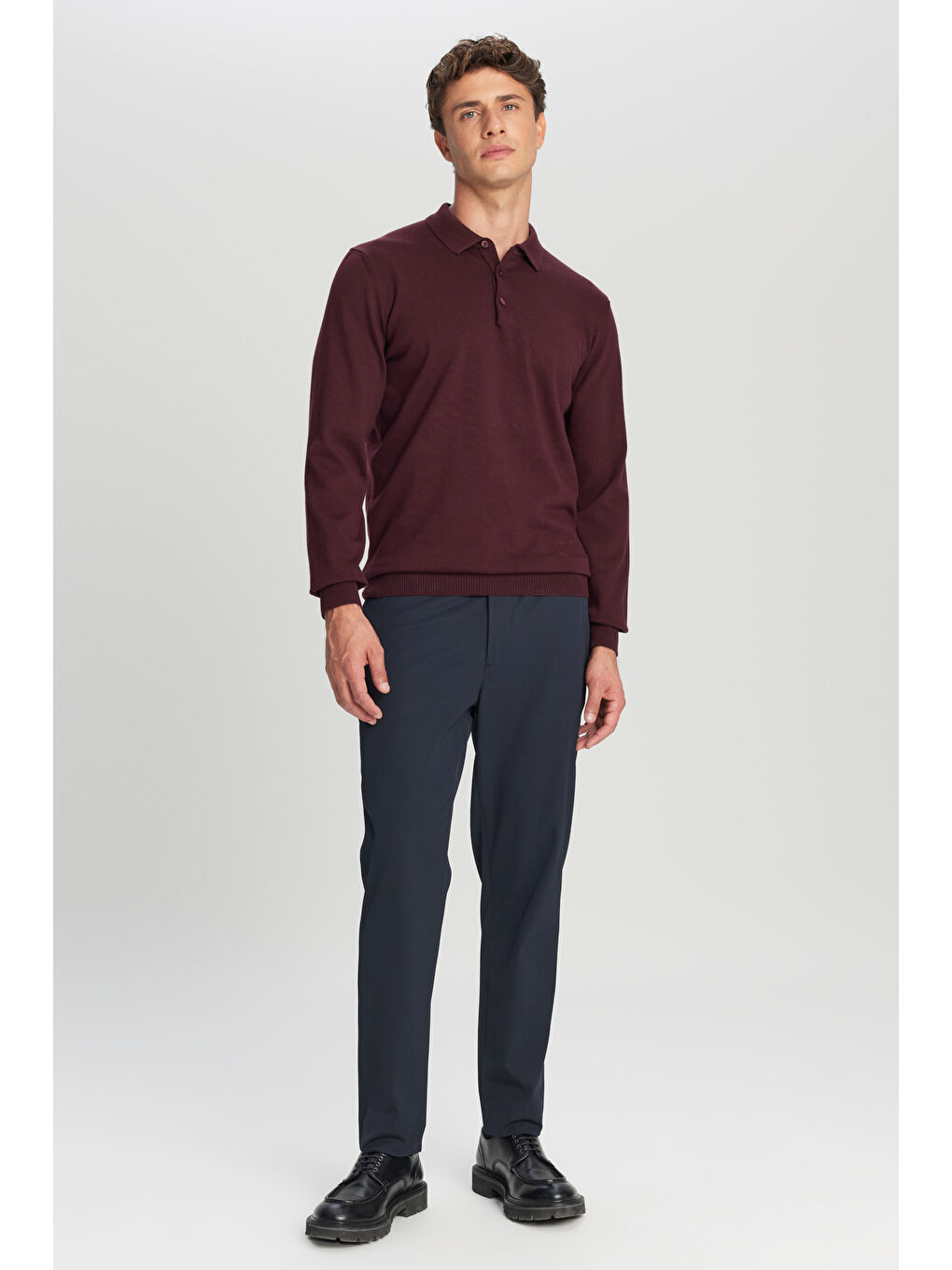 Erkek Bordo Pamuklu Standart Fit Normal Kesim Polo Yaka Triko Kazak-1