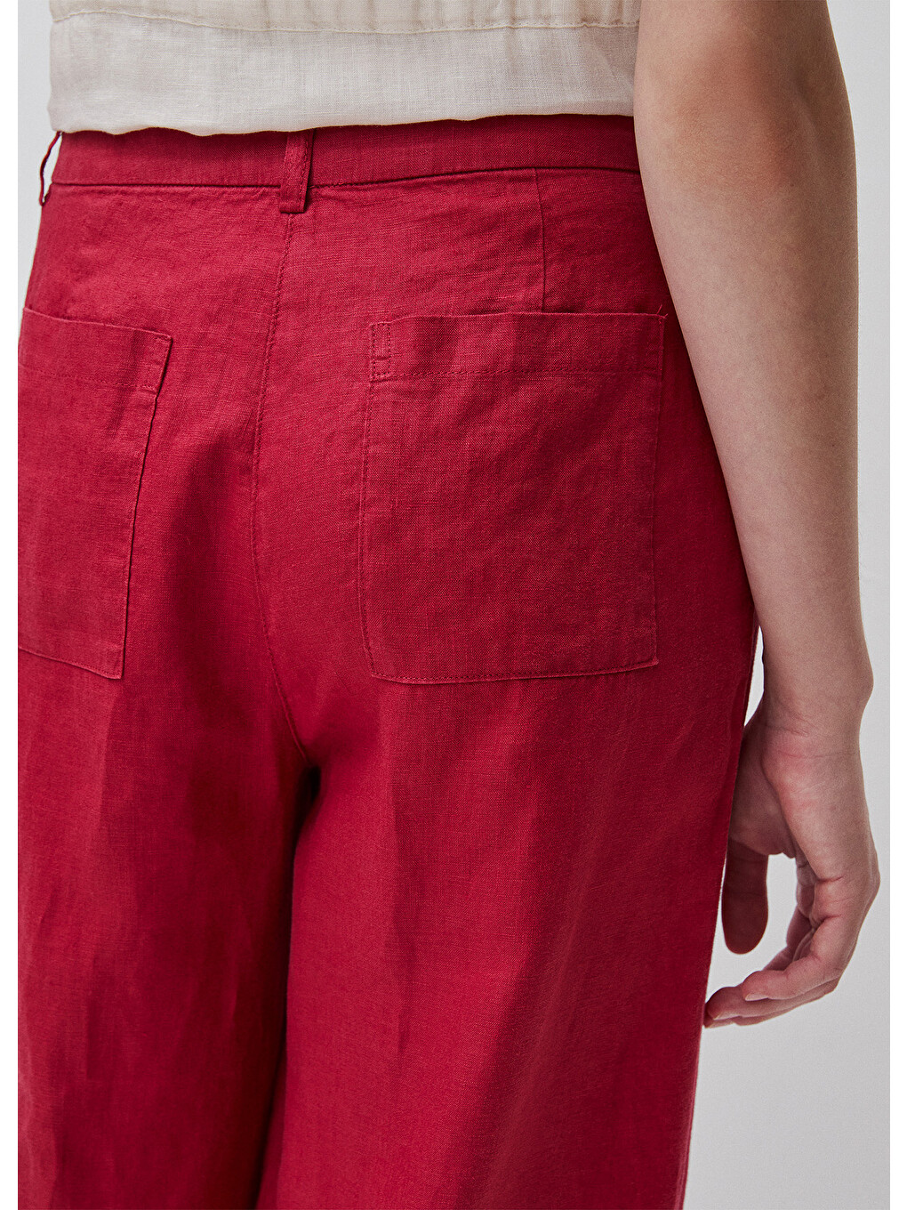 Kadın Bordo %100 Keten Cepli Pileli Pantolon-5