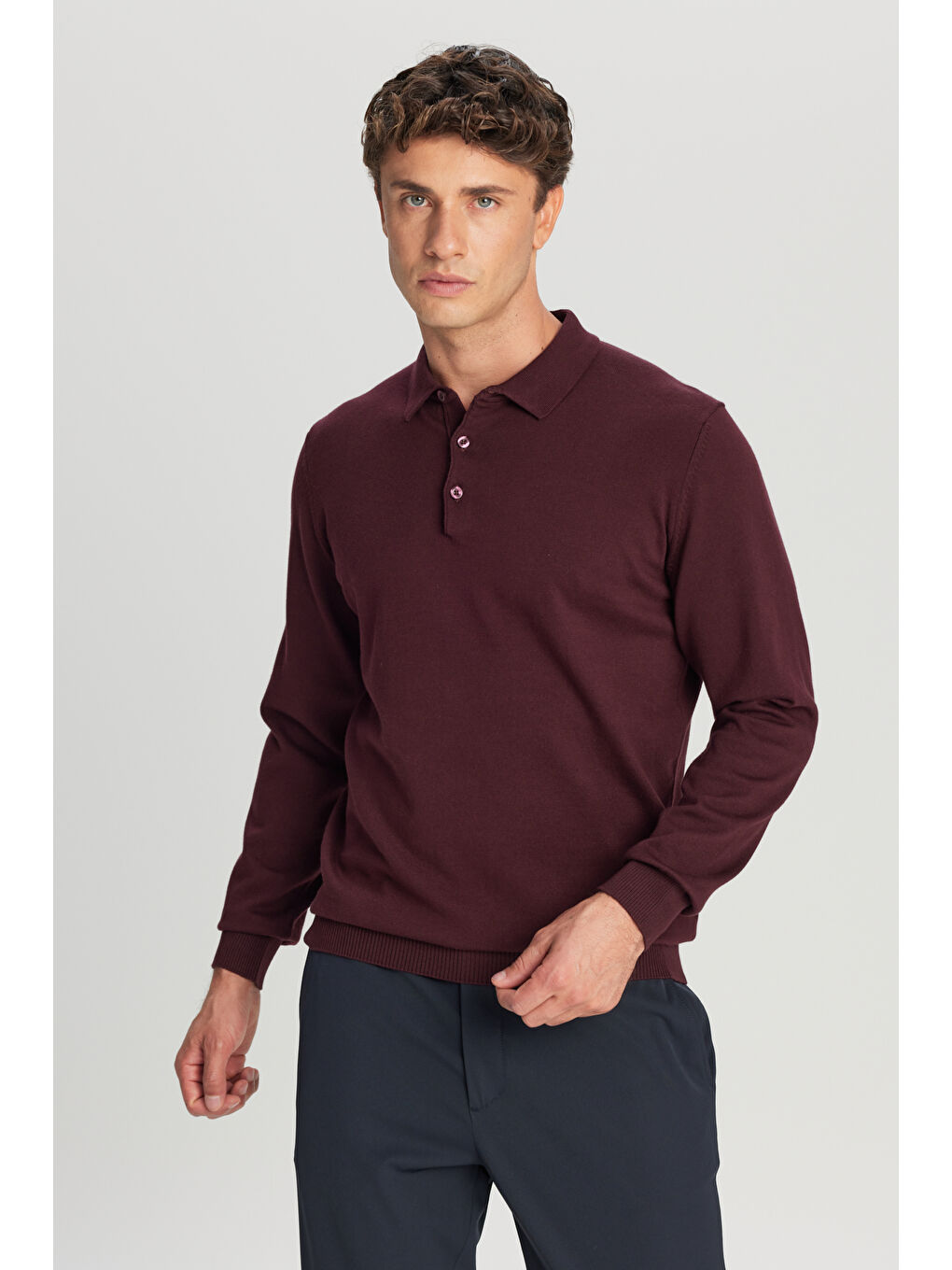 Erkek Bordo Pamuklu Standart Fit Normal Kesim Polo Yaka Triko Kazak-2