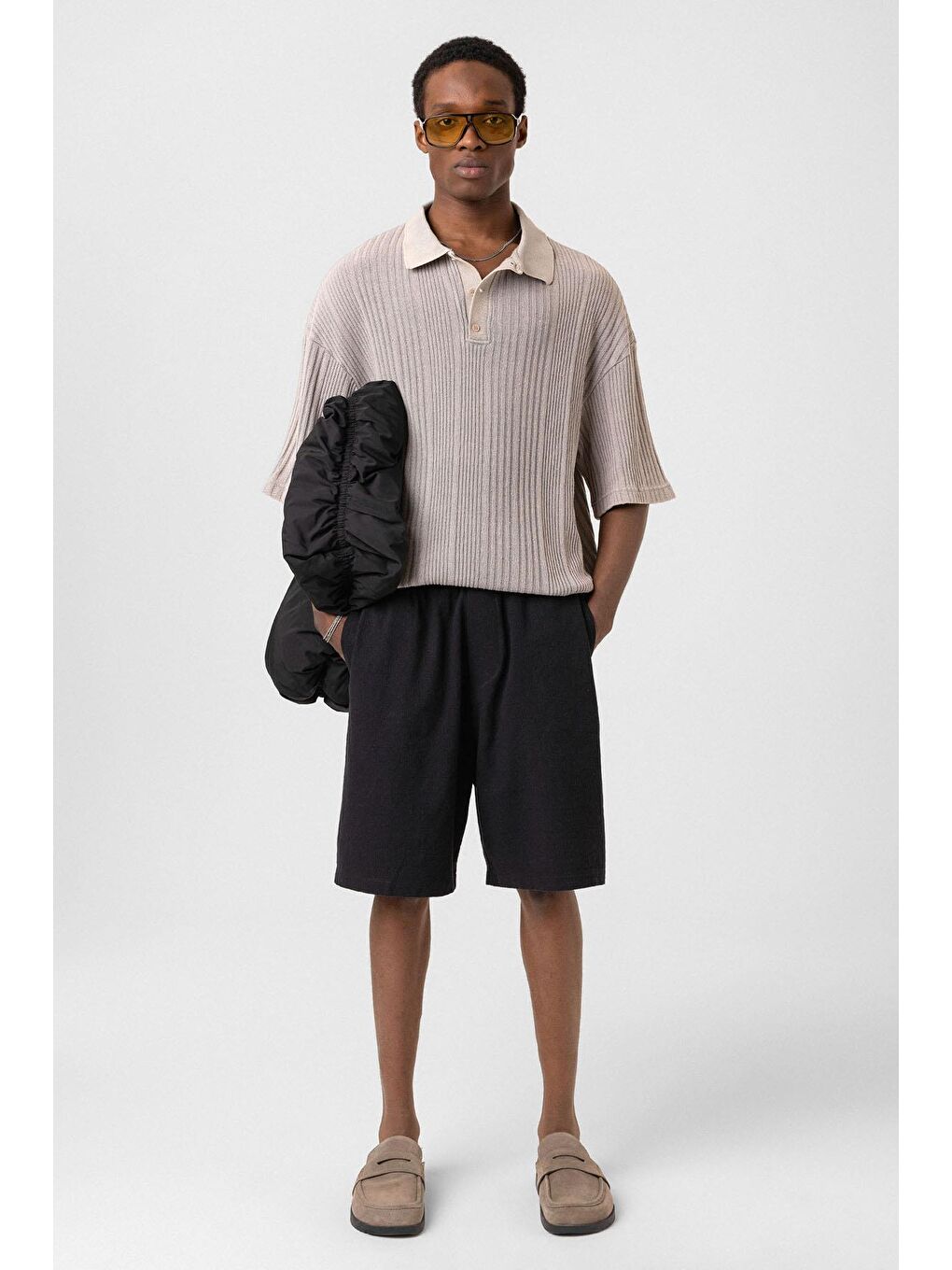 Bej Polo Yaka Oversize Triko Taş