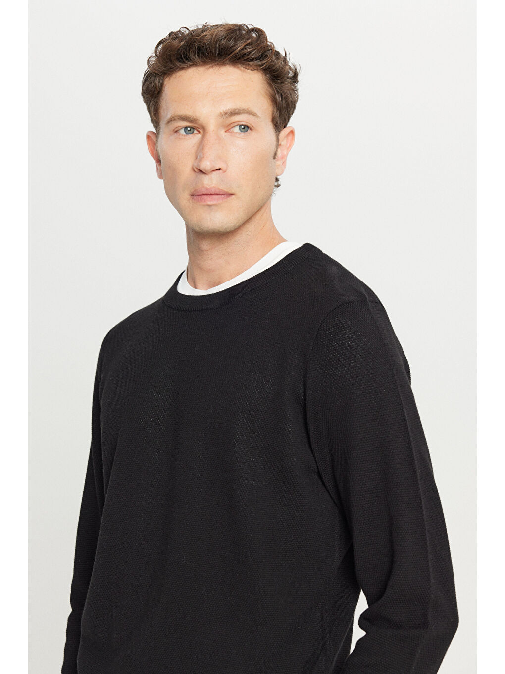 Erkek Siyah Pamuklu Standart Fit Normal Kesim Bisiklet Yaka Jakarlı Triko Kazak-3