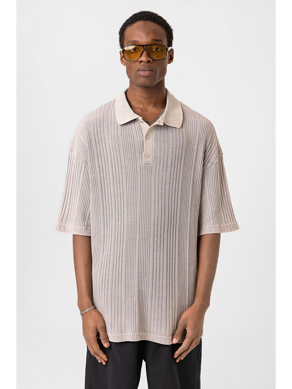 Bej Polo Yaka Oversize Triko Taş-2