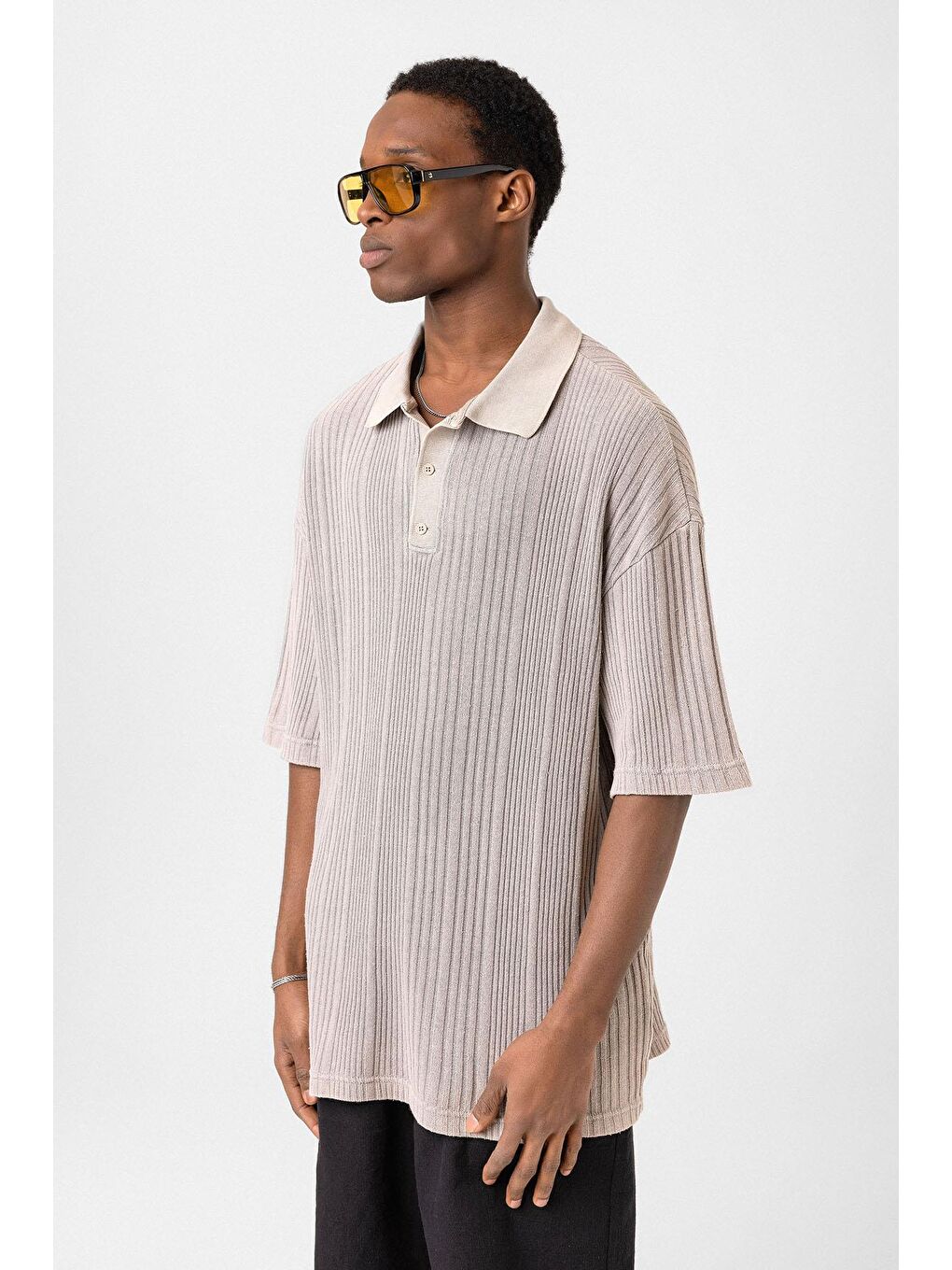 Bej Polo Yaka Oversize Triko Taş-3