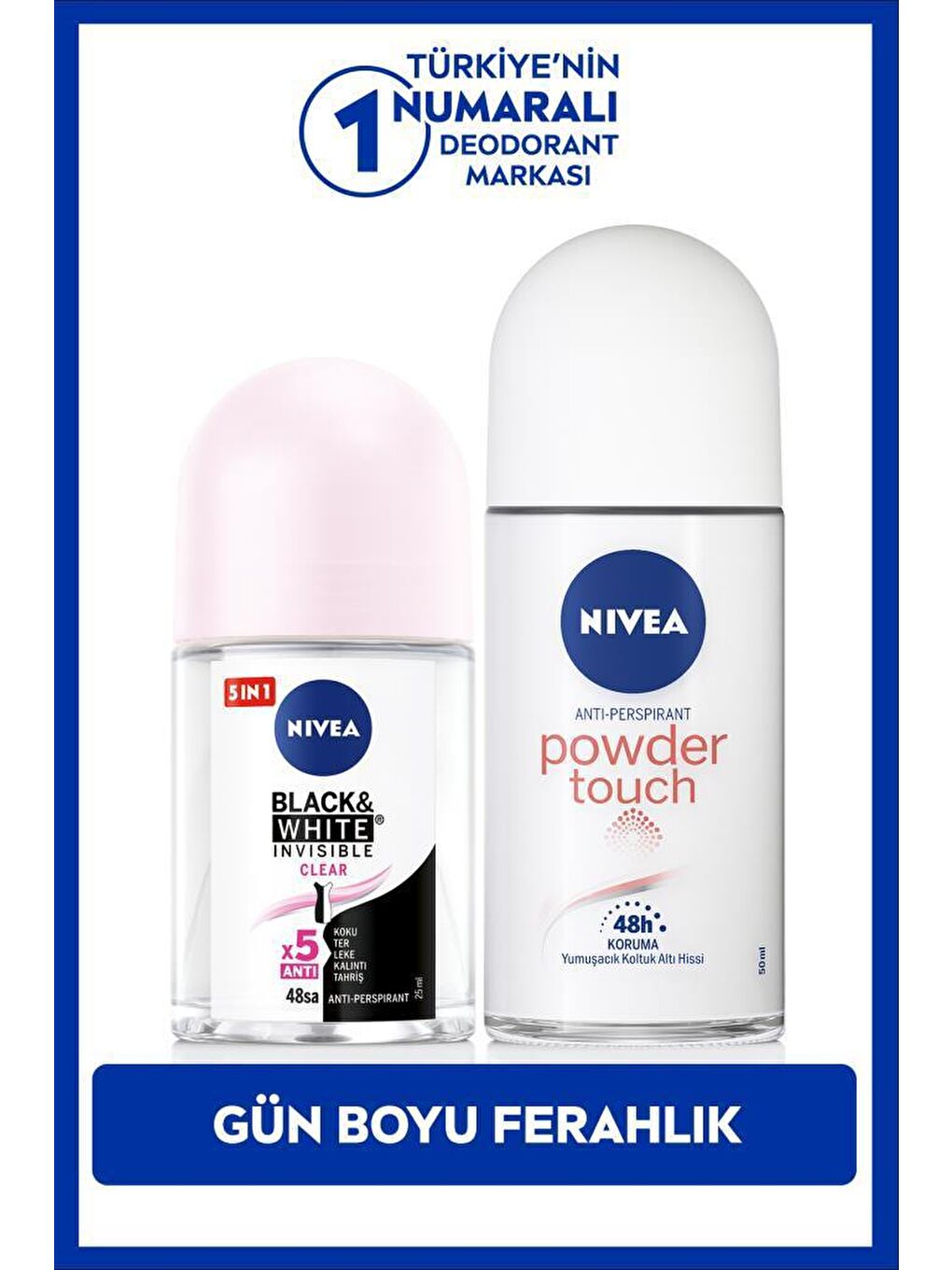 NIVEA Şeffaf Kadın Roll-on Deodorant Powder Touch 50ml ve Mini Roll-on Black&WhiteClear 25ml, Bakımlı Koltuk Altı