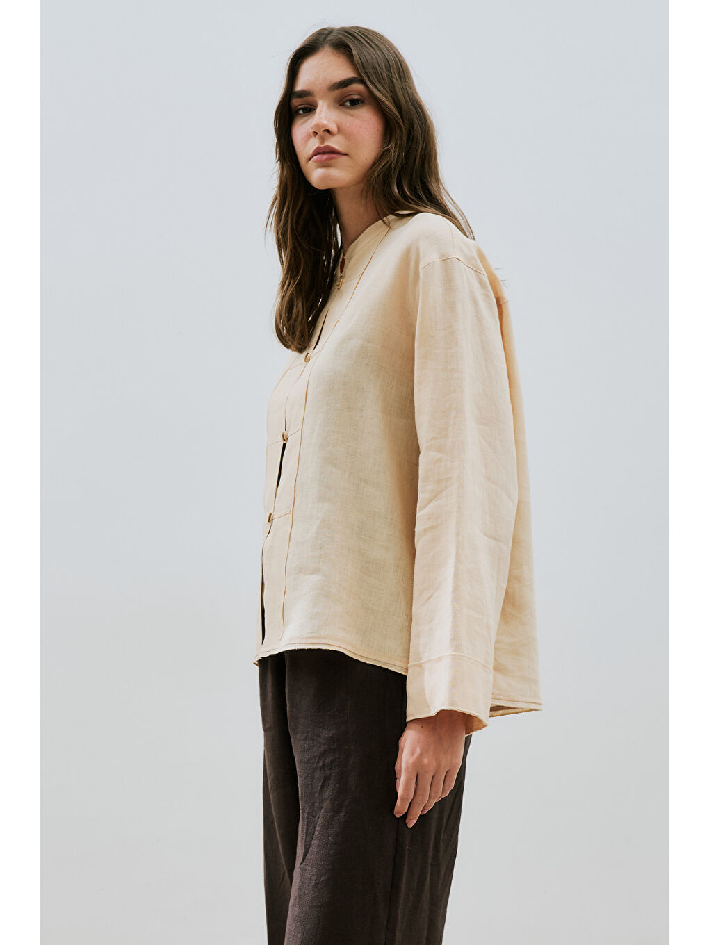 Turuncu Keten Önden Düğmeli Gömlek Kavuniçi-2